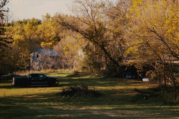 A farmhouse among autumn trees, a pickup parked in the mown yard